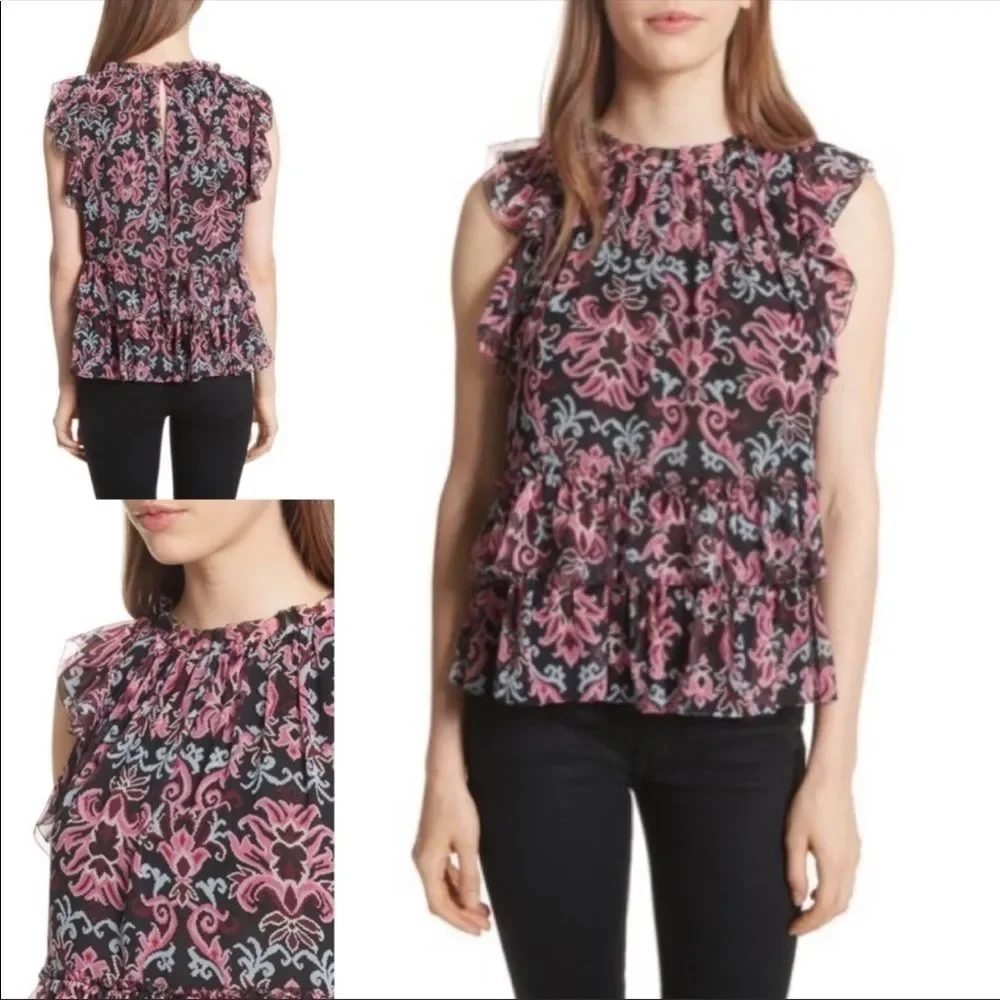 kate spade Black Pink Floral Ruffle Sleeveless Blouse